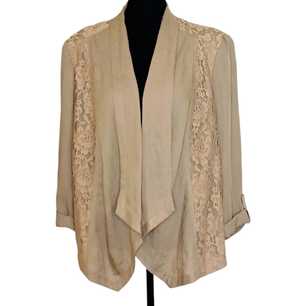 Chico's Romantic Lace Trim Open Front Jacket Blazer Women's Size Large Tan